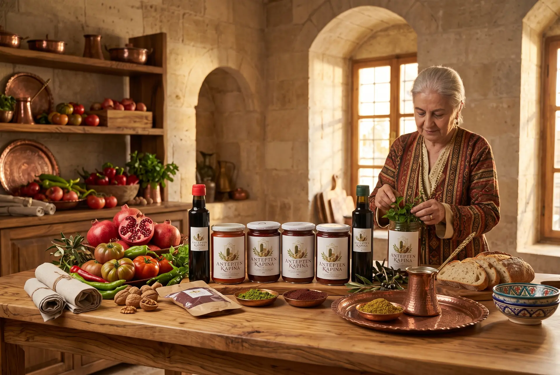 Antepten Kapına Heritage Collection — taş mutfakta ürün sofrası